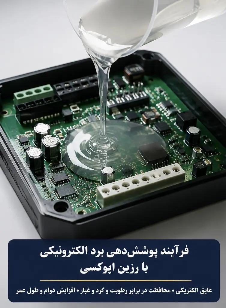 تصویر نزدیک برد الکترونیکی در حال پوشش با رزین الکترونیک شفاف پپوکسی